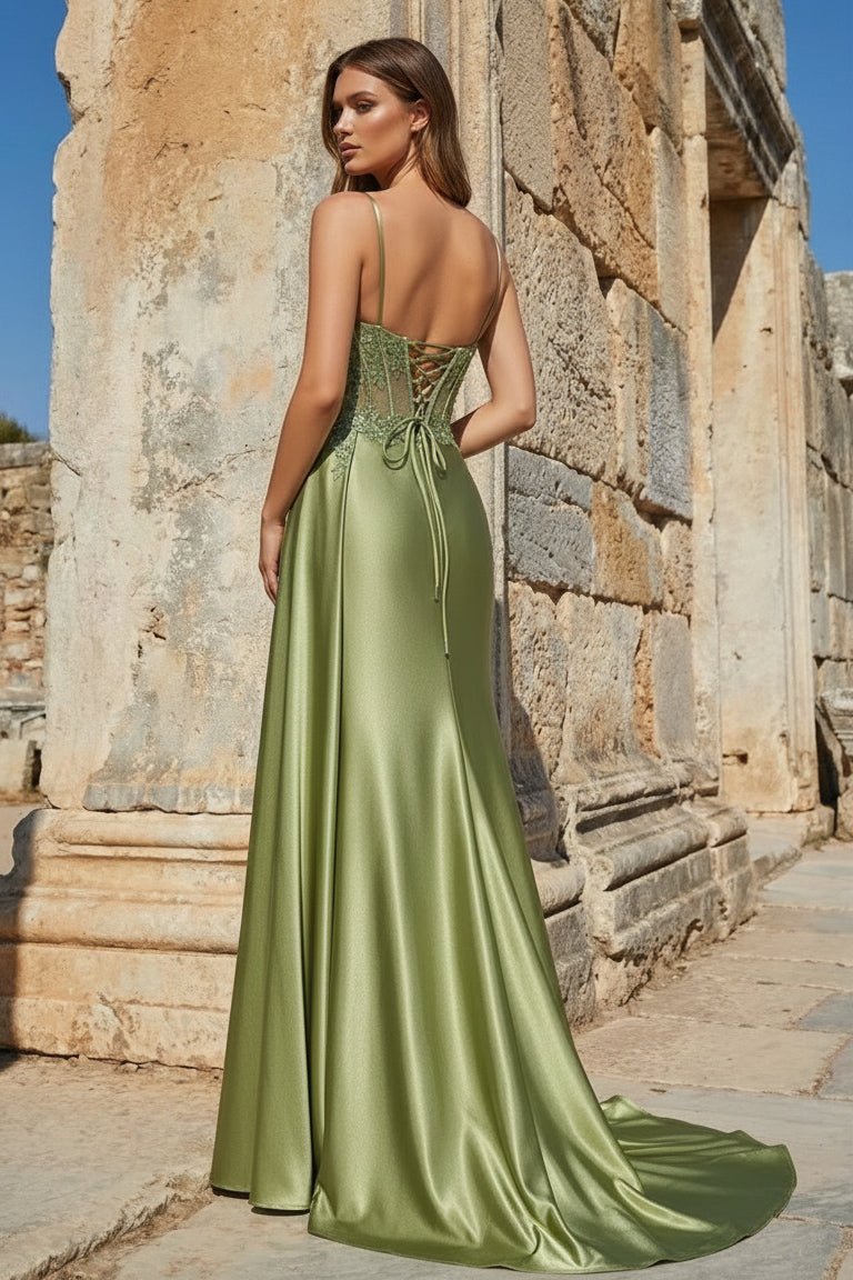 Silver Spaghetti Straps Mermaid Appliqued Prom Dress With Split