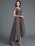 A-Line/Princess V-neck Short Sleeves Asymmetrical Tulle Mother of the Bride Dresses