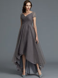 A-Line/Princess V-neck Short Sleeves Asymmetrical Tulle Mother of the Bride Dresses