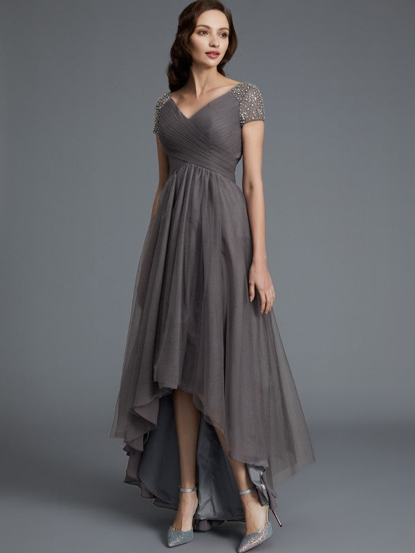 A-Line/Princess V-neck Short Sleeves Asymmetrical Tulle Mother of the Bride Dresses