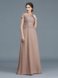A-Line/Princess Scoop Short Sleeves Applique Floor-Length Chiffon Mother of the Bride Dresses