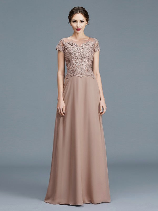 A-Line/Princess Scoop Short Sleeves Applique Floor-Length Chiffon Mother of the Bride Dresses