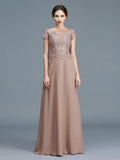 A-Line/Princess Scoop Short Sleeves Applique Floor-Length Chiffon Mother of the Bride Dresses