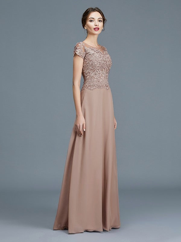 A-Line/Princess Scoop Short Sleeves Applique Floor-Length Chiffon Mother of the Bride Dresses