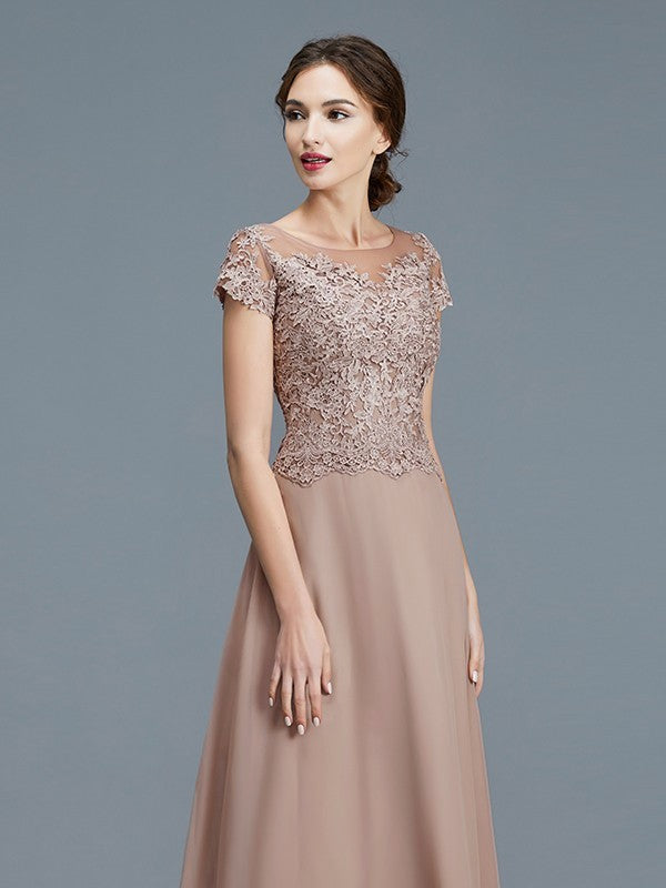 A-Line/Princess Scoop Short Sleeves Applique Floor-Length Chiffon Mother of the Bride Dresses