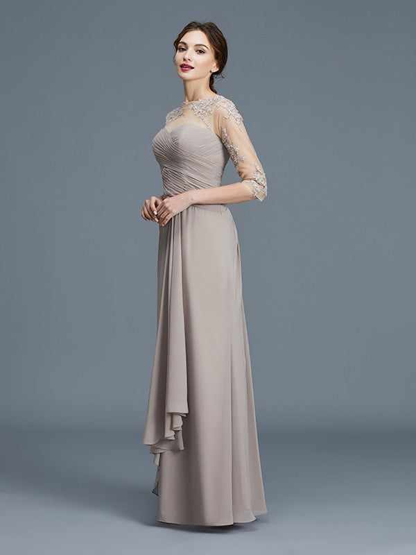 A-Line/Princess Sheer Neck 3/4 Sleeves Ruffles Chiffon Floor-Length Mother of the Bride Dresses