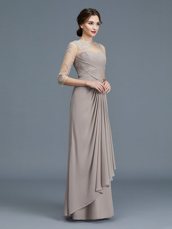 A-Line/Princess Sheer Neck 3/4 Sleeves Ruffles Chiffon Floor-Length Mother of the Bride Dresses