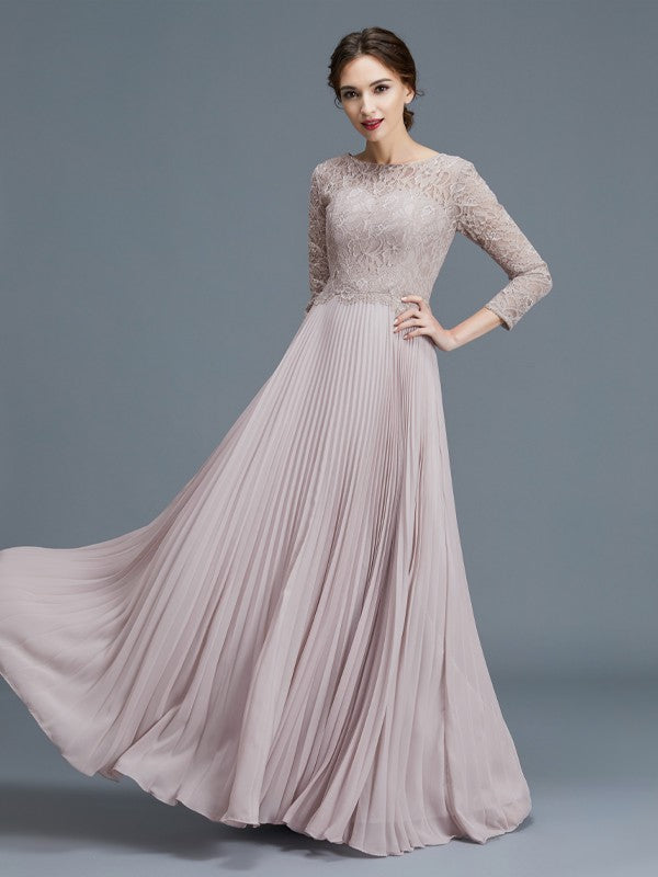 A-Line/Princess Scoop 3/4 Sleeves Lace Chiffon Floor-Length Mother of the Bride Dresses