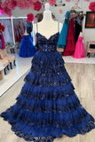 A Line Spaghetti Straps Tiered Lace Prom Dress