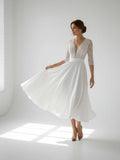 Satin V-neck A Line Tea-length Wedding Dress with Ruching and Sash