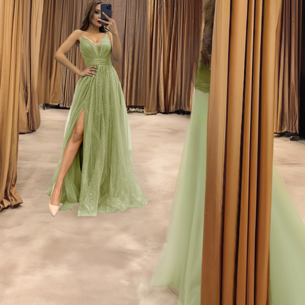 2025 Sparkly Tulle Formal Prom Dress Pleated A-Line Ball Gown with Spaghetti Straps Slit for Women Evening Dresses