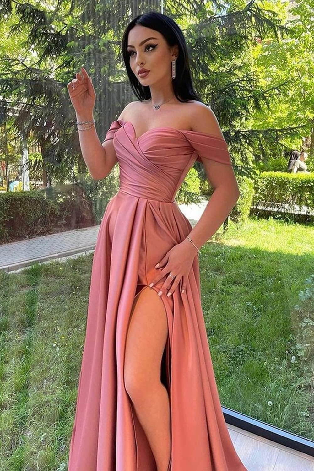 Schulterfreies Satin-Ballkleid, herzförmiger Ausschnitt, formelles Kleid, A-Linie, Abendkleid mit Schlitz 
