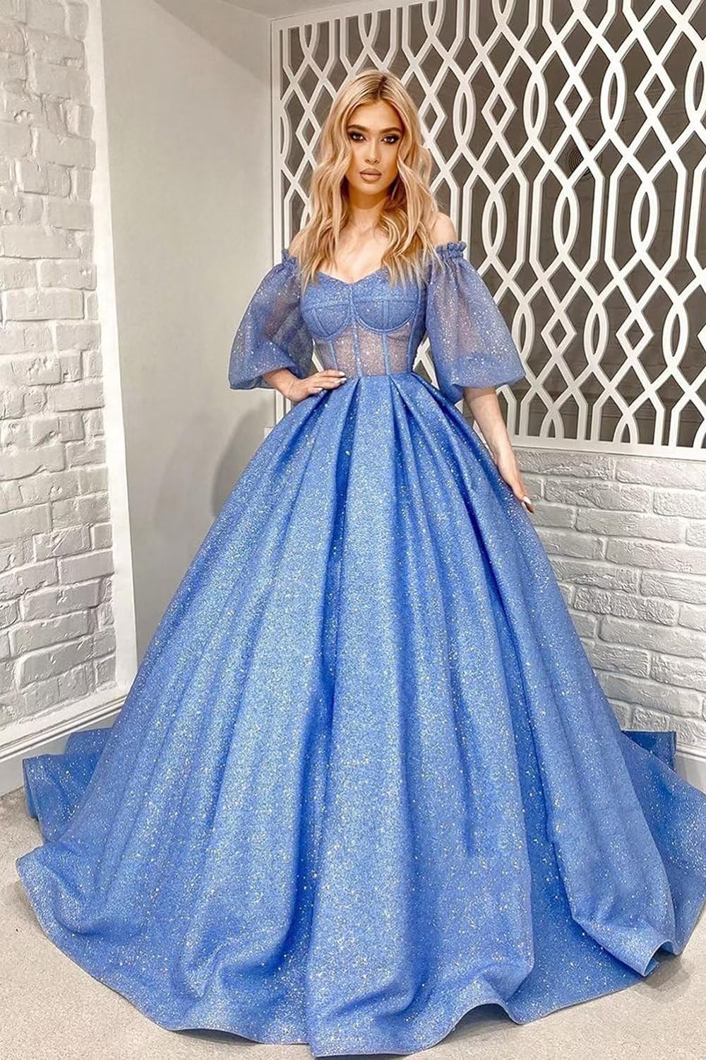 Puffy Sleeve Glitter Prom Dresses Women's Ball Gown Off Shoulder Formal Evening Gown Princess Quinceanera Dress