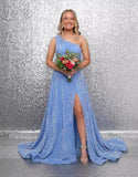 One Shoulder Sequin Prom Dresses for Women Long Sparkly A-Line Slit Formal Evening Party Ball Gowns with Pockets