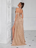 Evening Gowns Formal Dresses for Women Sequin Tulle Wedding Guest Cocktail Party Sexy Off Shoulder Floor Length Prom Dress