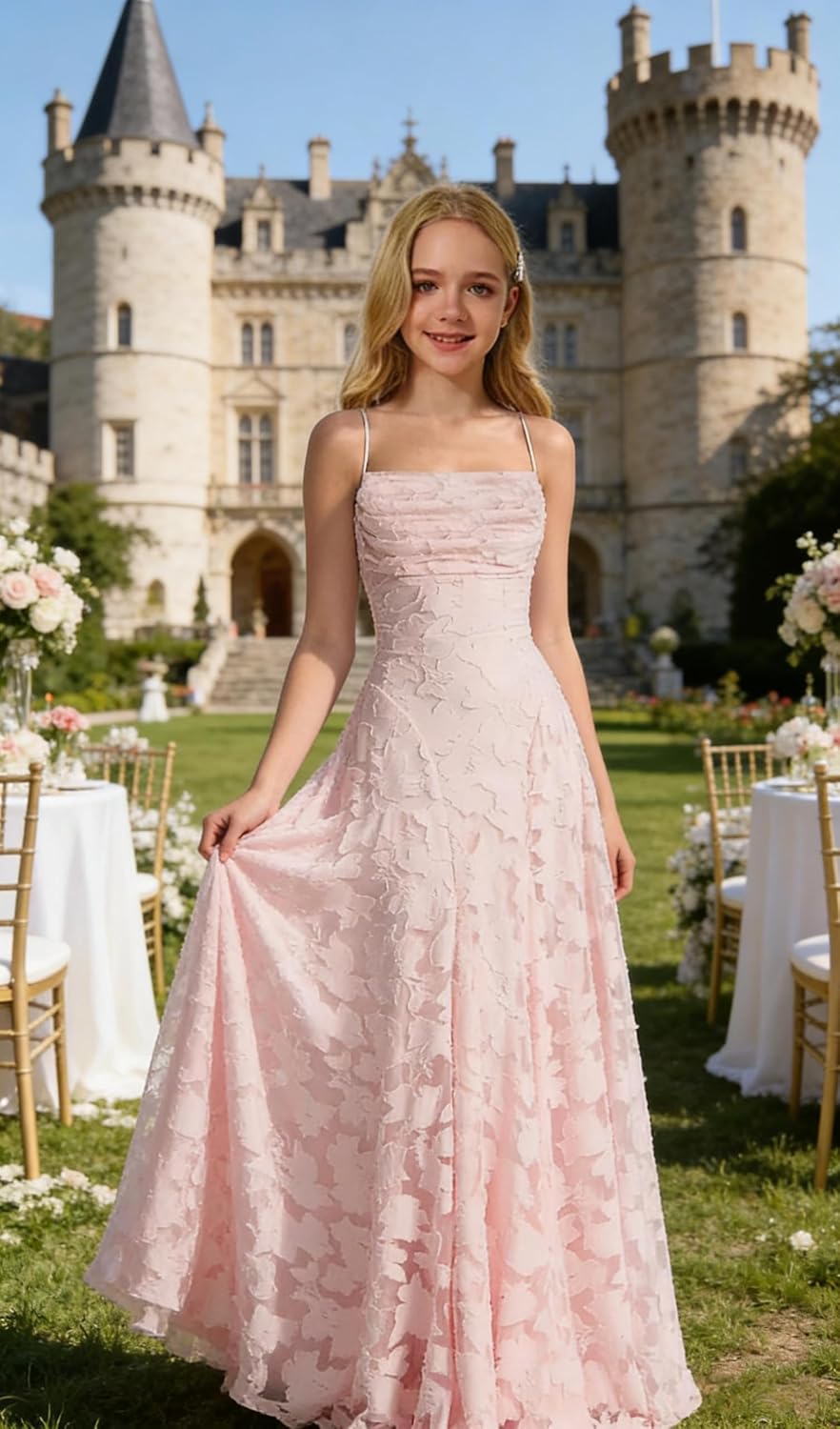 Lace Floral Junior Bridesmaid Dresses Long Spaghetti Strap Prom Dress for Teens Formal Gown Flower Girls Dress