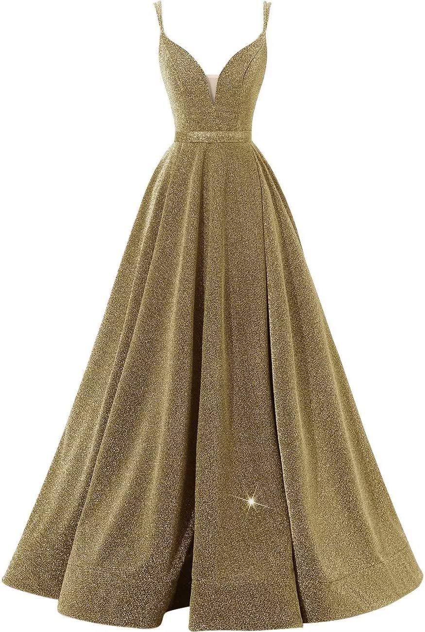 Women's Glittery Spaghetti V-Neck Prom Dresses Long Side Split Formal Evening Gowns