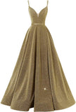Women's Glittery Spaghetti V-Neck Prom Dresses Long Side Split Formal Evening Gowns