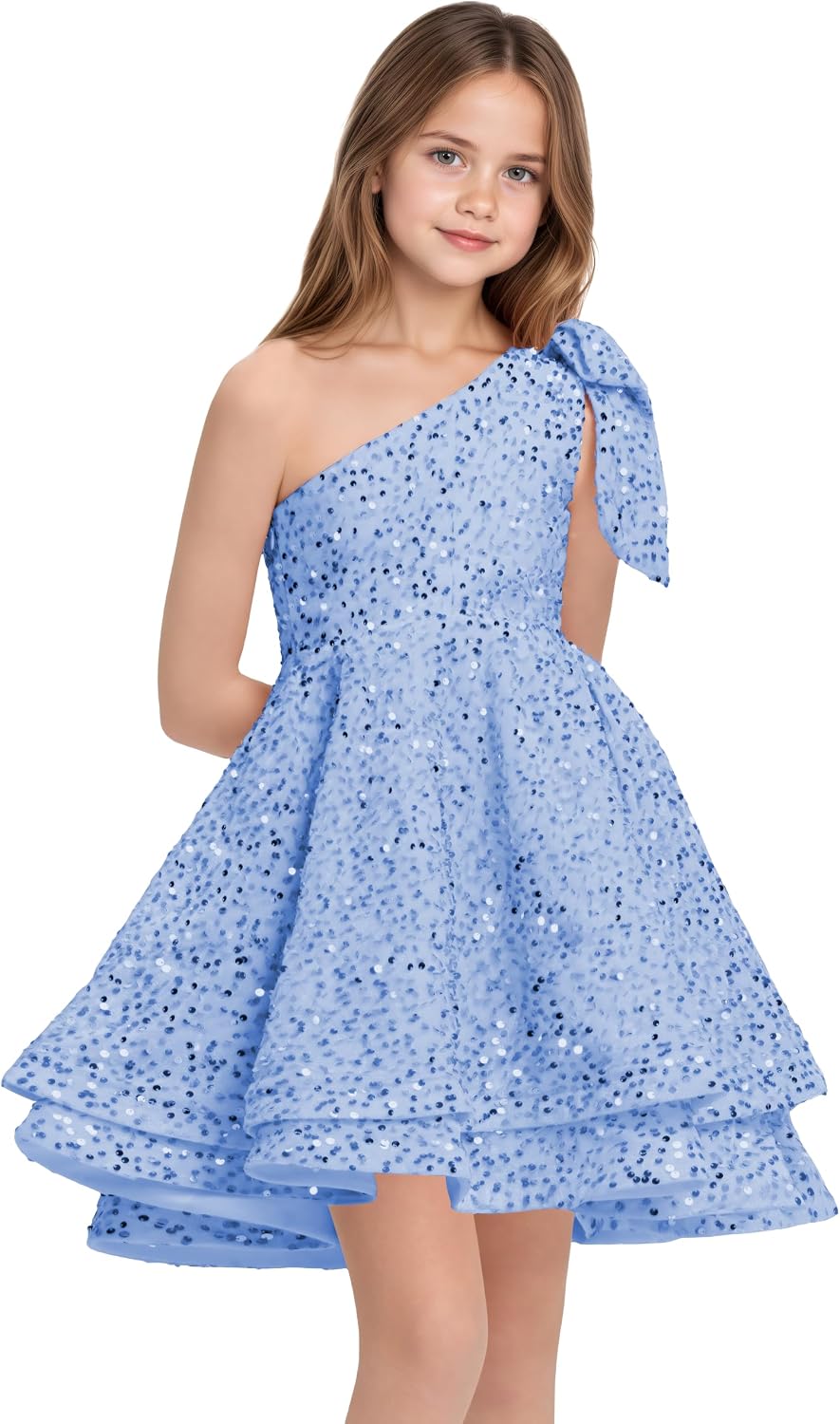 Sequins Flower Girl Dresses Short - One Shoulder Princess Pageant Dress Kids A Line Communion Formal Party Gown