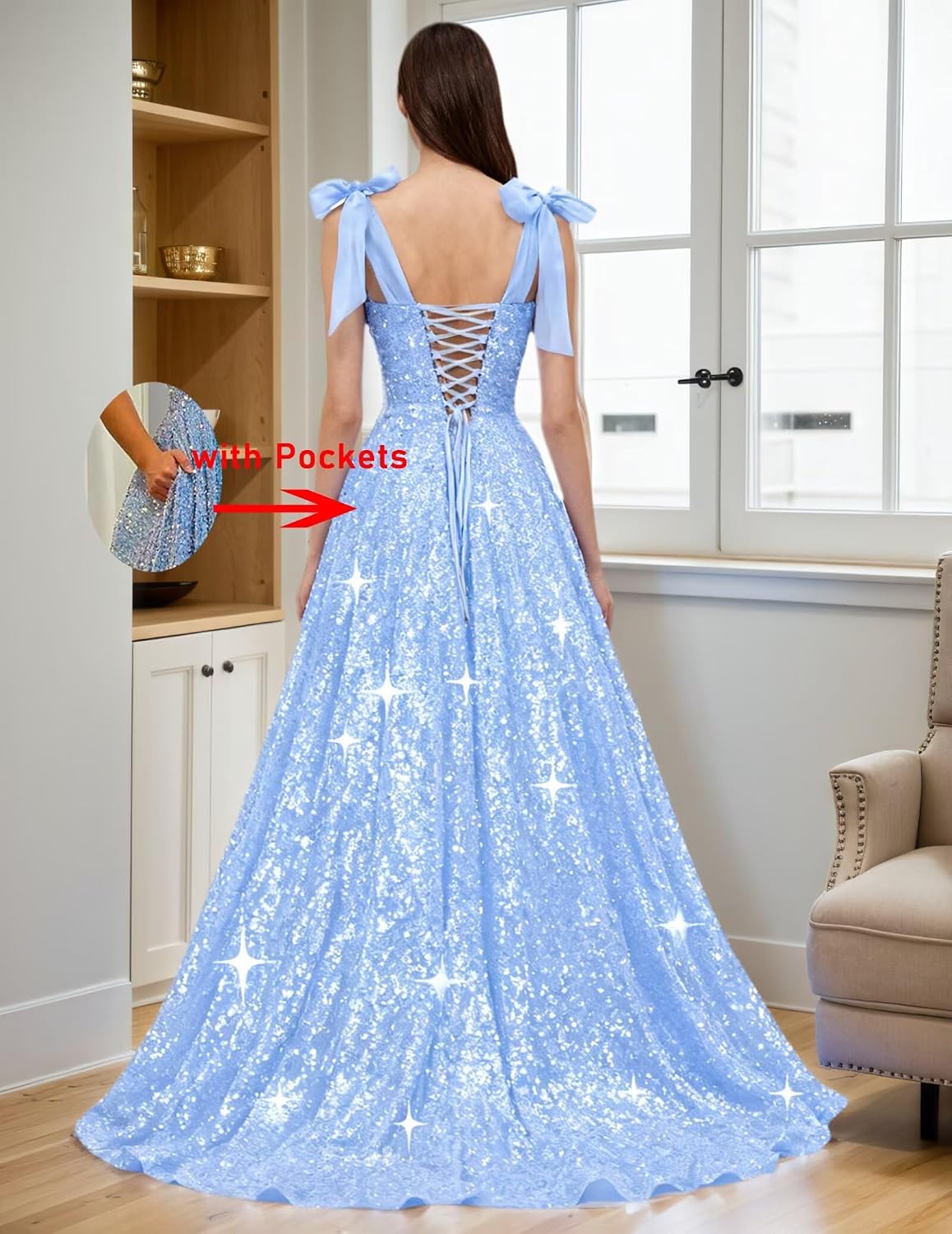 Bow Straps Prom Dresses 2026 Sparkly Sequin Square Neck Ruched Long Puffy Ball Gown Formal Dress with Slit Pockets