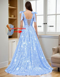 Bow Straps Prom Dresses 2026 Sparkly Sequin Square Neck Ruched Long Puffy Ball Gown Formal Dress with Slit Pockets