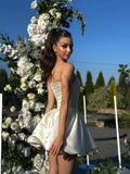 Satin Flower Bud Homecoming Dress Short Prom Dress Cowl Neck Pleated A Line Mini Cocktail Party Gown