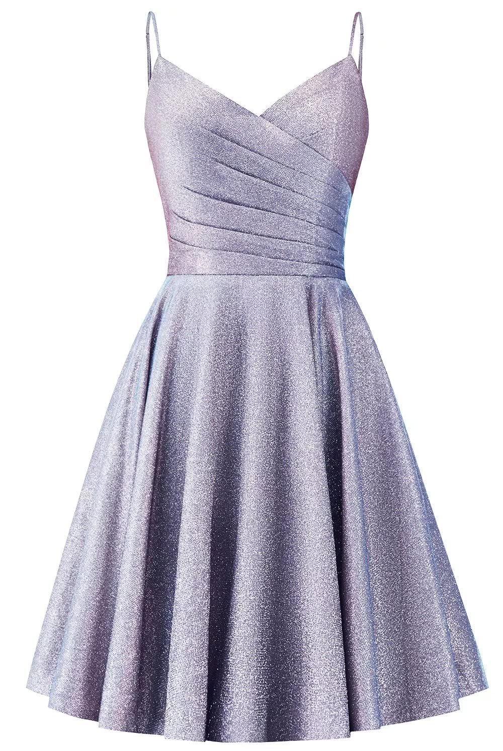 V Neck Homecoming Dresses for Teens Short Glitter Spaghetti Straps Prom Dress Formal Evening Party Gown with Pockets