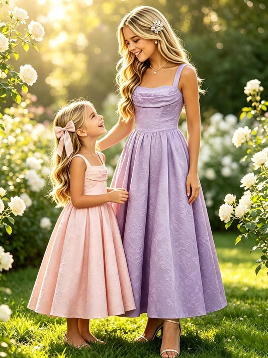 Girls Floral Satin Jacquard Junior Bridesmaid Dresses Long Ruched Flower Girl Dress for Wedding