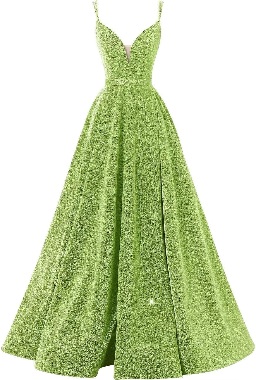 Women's Glittery Spaghetti V-Neck Prom Dresses Long Side Split Formal Evening Gowns