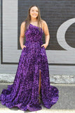 One Shoulder Sequin Prom Dresses for Women Long Sparkly A-Line Slit Formal Evening Party Ball Gowns with Pockets