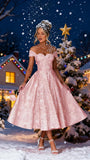 Off Shoulder Tea Length Prom Dress for Women Satin Floral Jacquard A Line Corset Cocktail Dress