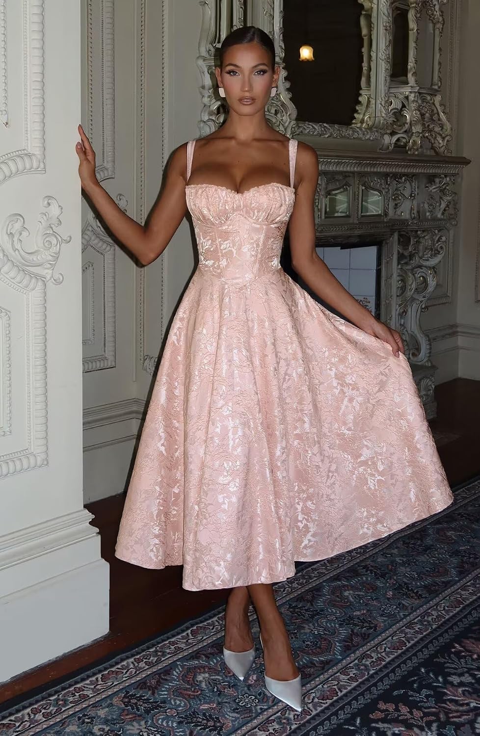 Eightale Satin Jacquard Prom Dress with Bow Tea Length Floral Midi Formal Evening Party Gown