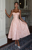 Eightale Satin Jacquard Prom Dress with Bow Tea Length Floral Midi Formal Evening Party Gown