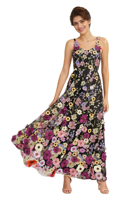 3D Floral Embroidery Prom Dresses for Women Long Spaghetti Straps Flower Applique Tulle Formal Gown Evening Dress