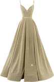 Women's Glittery Spaghetti V-Neck Prom Dresses Long Side Split Formal Evening Gowns
