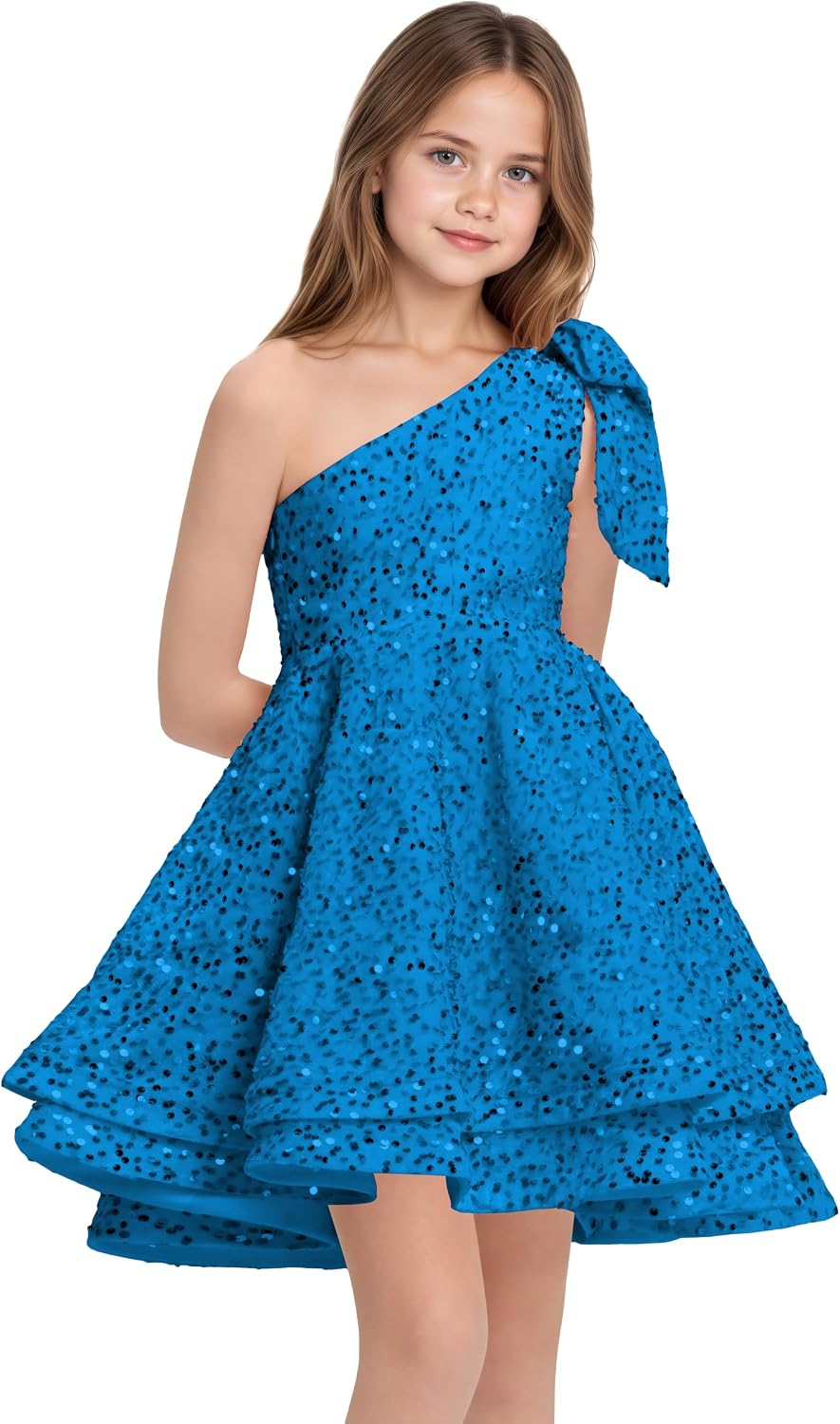 Sequins Flower Girl Dresses Short - One Shoulder Princess Pageant Dress Kids A Line Communion Formal Party Gown