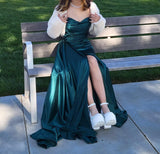 Women's Off Shoulder Mermaid Prom Dresses Long with Slit Pleates Wrap Satin Formal Evening Gowns