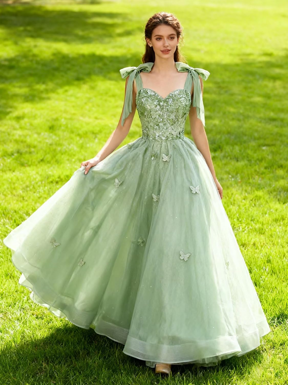 Glitter Tulle Prom Dress for Teens 3D Butterfly Long Ball Gowns Sequin Princess Quinceanera Dresses with Bow