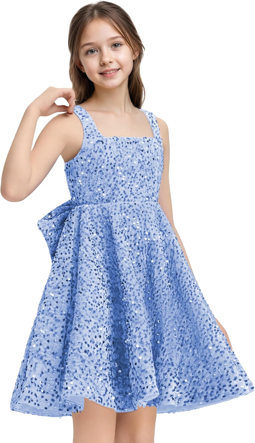 Sequins Flower Girl Dresses Short - Square Neck Princess Pageant Dress Kids A Line Communion Formal Party Gown