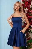 Homecoming Dress Satin Mini for Teens Backless with Pockets Spaghetti Strap Party Cocktail Dress