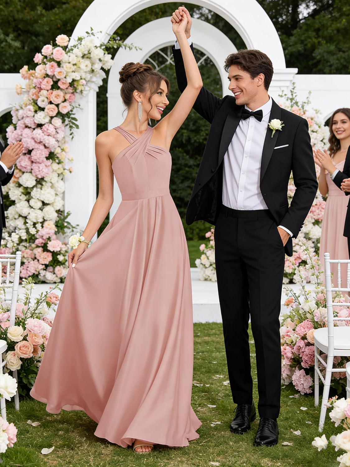 Halter Bridesmaid Dresses for Wedding Chiffon A Line Pleated Long Formal Prom Dress with Belt