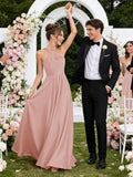 Halter Bridesmaid Dresses for Wedding Chiffon A Line Pleated Long Formal Prom Dress with Belt
