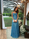 Lace Sequin Prom Dresses Spaghetti Straps A-Line Cowl Neck Pleated Sparkly Long Formal Evening Party Gowns