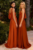 Cowl Neck Satin Prom Dresses Corset Ball Gown Long Puffy A-Line Formal Evening Gown with Slit