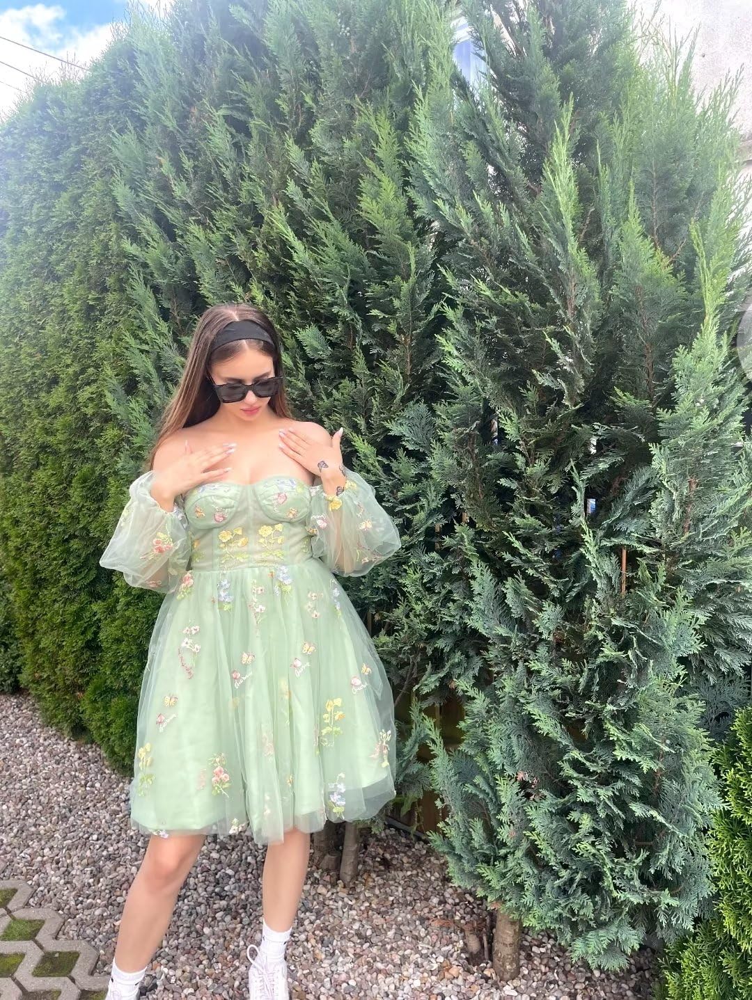 Vestidos de fiesta para mujer, cortos, con hombros descubiertos, bordados florales, de tul, formales, para fiesta de graduación 