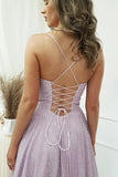 Women's Spaghetti Straps Glitter Tulle Prom Dress with Slit Cowl Neck Long Evening Formal Party Gown