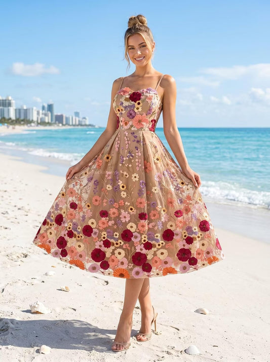 3D Flower Appliques Prom Dress for Women Off the Shoulder Mermaid Formal Evening Party Gown Tulle Floral Summer Beach 3D Flower Vation Dress Spaghetti Straps Evening Dresses Split
