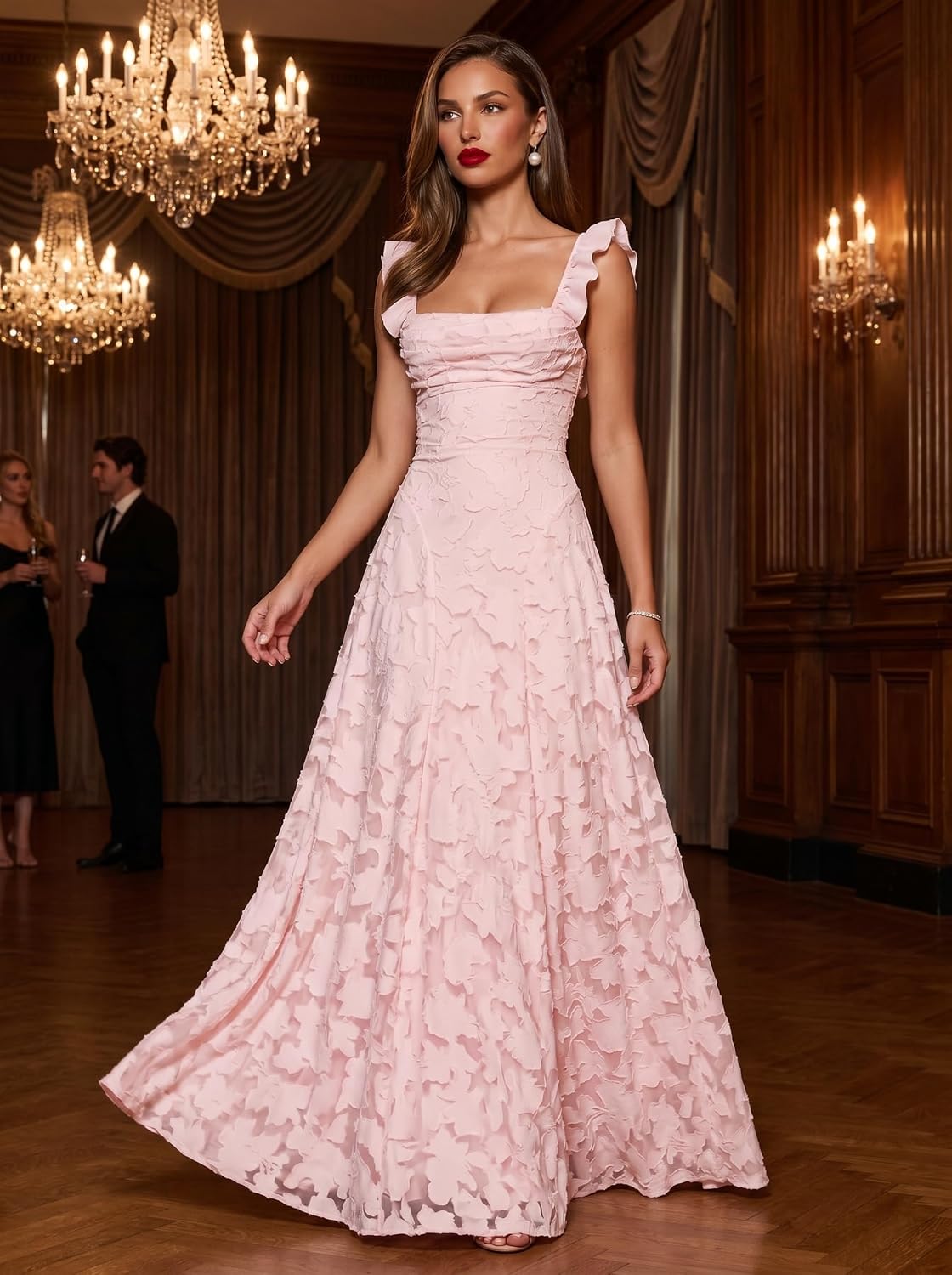 Ruched Jacquard Prom Dresses for Women Teens Ruffle Strap Floral Maxi Formal Dress Evening Gown