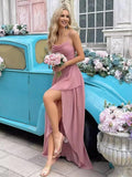 Spaghetti Strap Chiffon Bridesmaid Dresses for Women Long Ruched A-Line Cowl Neck Formal Evening Gowns with Slit