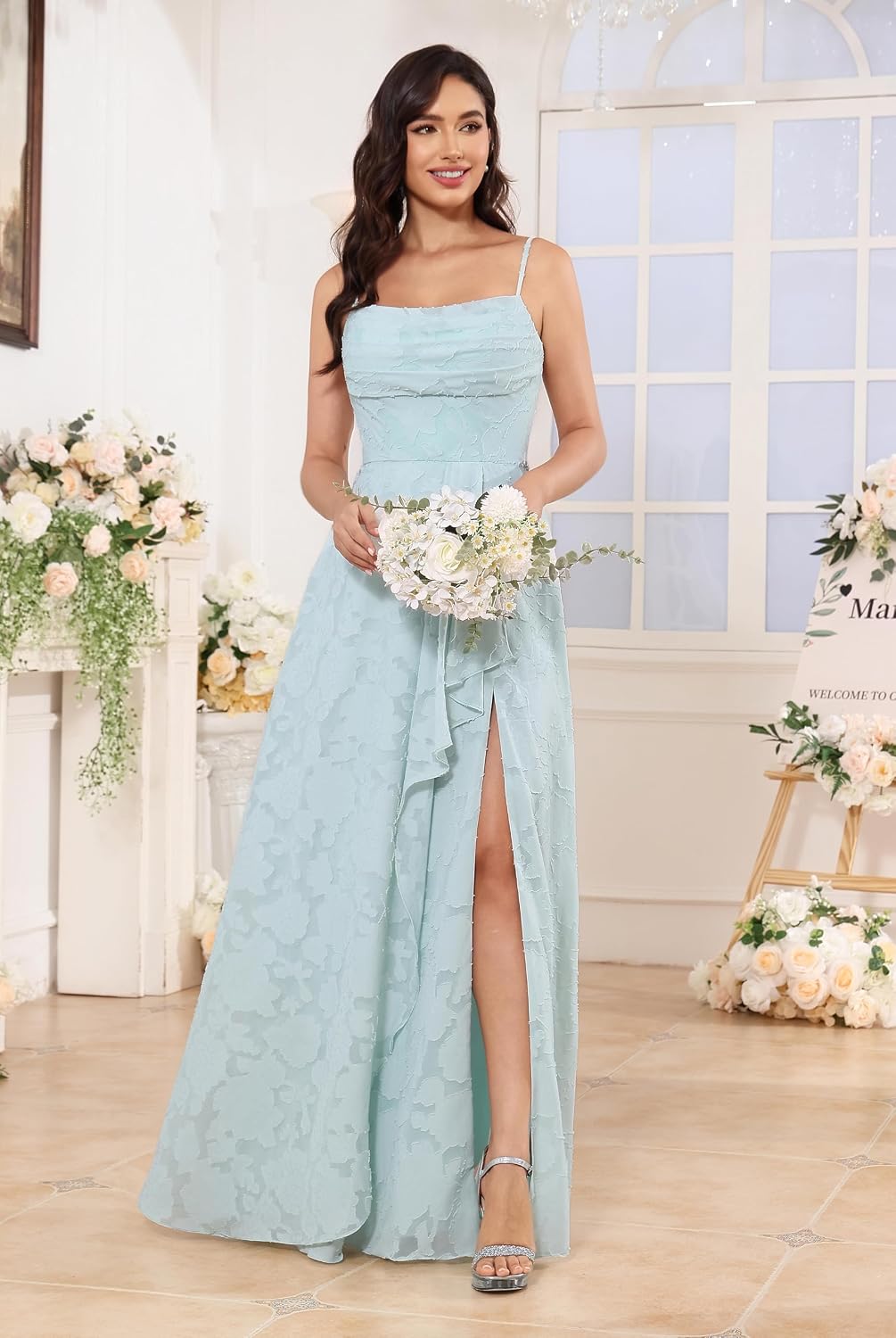 Women’s Ruffled Bridesmaid Dresses Scoop Neck Floral Chiffon Formal Dress Wrap Pleated Wedding Guest Dress